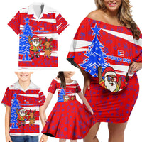 Puerto Rico Christmas Family Matching Off Shoulder Short Dress and Hawaiian Shirt with Dancing Santa Reindeer Blue Tree and Festive Flag Design - Wonder Print Shop
