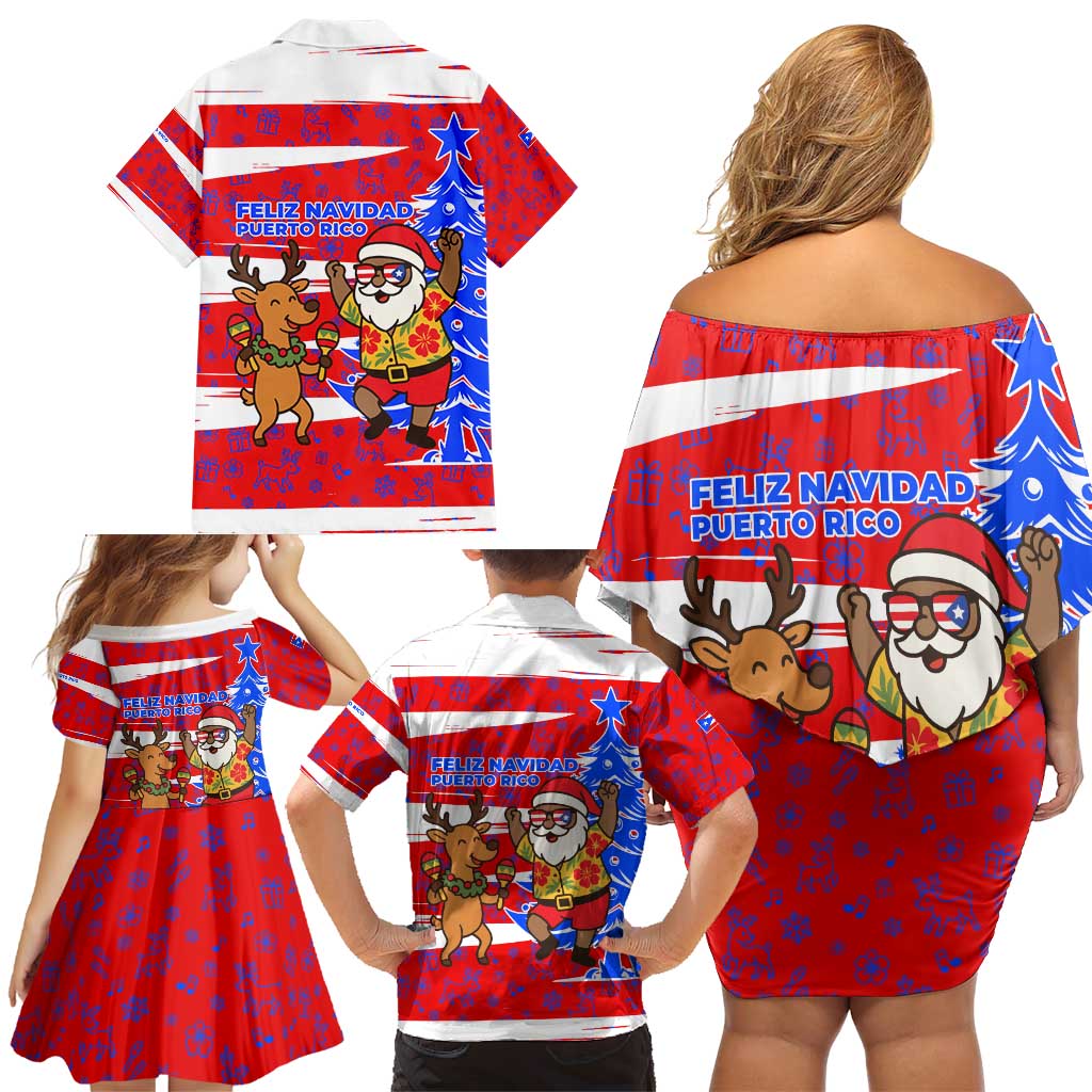 Puerto Rico Christmas Family Matching Off Shoulder Short Dress and Hawaiian Shirt with Dancing Santa Reindeer Blue Tree and Festive Flag Design - Wonder Print Shop
