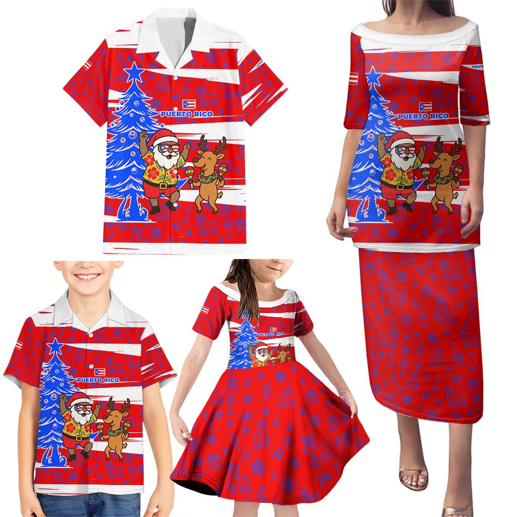 Puerto Rico Christmas Family Matching Puletasi and Hawaiian Shirt with Dancing Santa Reindeer Blue Tree and Festive Flag Design - Wonder Print Shop