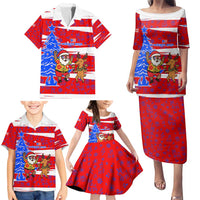 Puerto Rico Christmas Family Matching Puletasi and Hawaiian Shirt with Dancing Santa Reindeer Blue Tree and Festive Flag Design - Wonder Print Shop