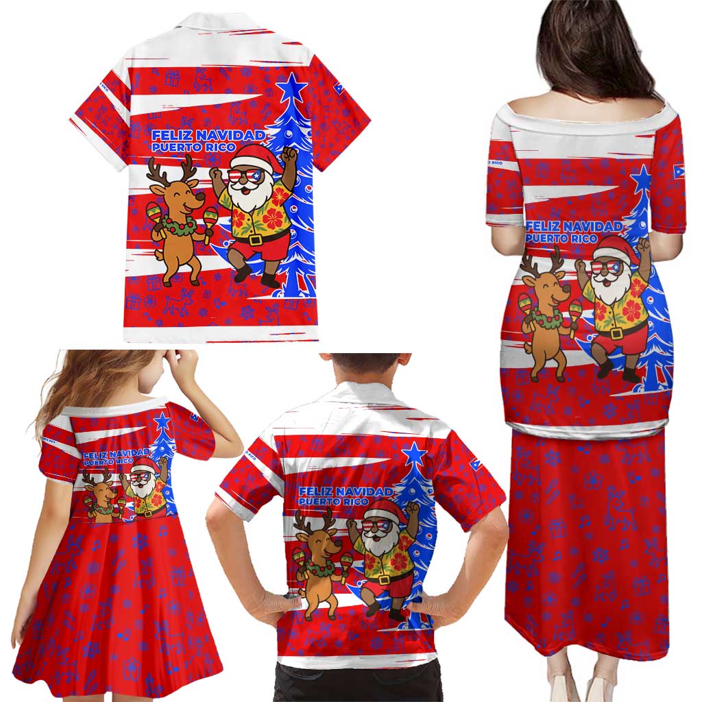 Puerto Rico Christmas Family Matching Puletasi and Hawaiian Shirt with Dancing Santa Reindeer Blue Tree and Festive Flag Design - Wonder Print Shop