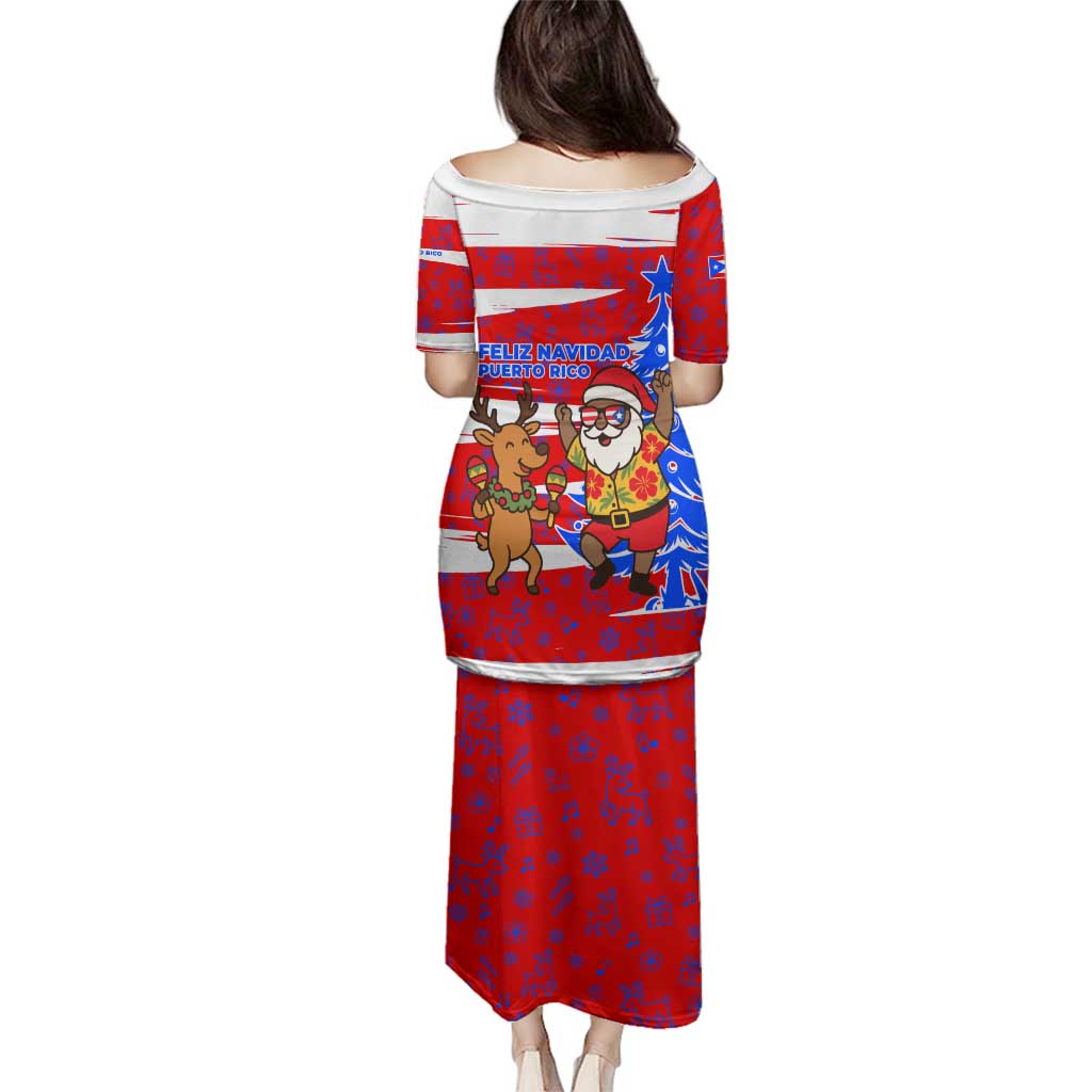Puerto Rico Christmas Family Matching Puletasi and Hawaiian Shirt with Dancing Santa Reindeer Blue Tree and Festive Flag Design - Wonder Print Shop