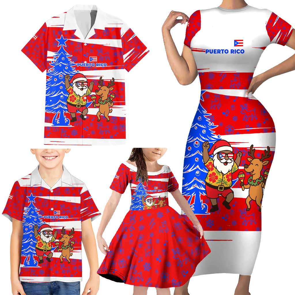 Puerto Rico Christmas Family Matching Short Sleeve Bodycon Dress and Hawaiian Shirt with Dancing Santa Reindeer Blue Tree and Festive Flag Design - Wonder Print Shop