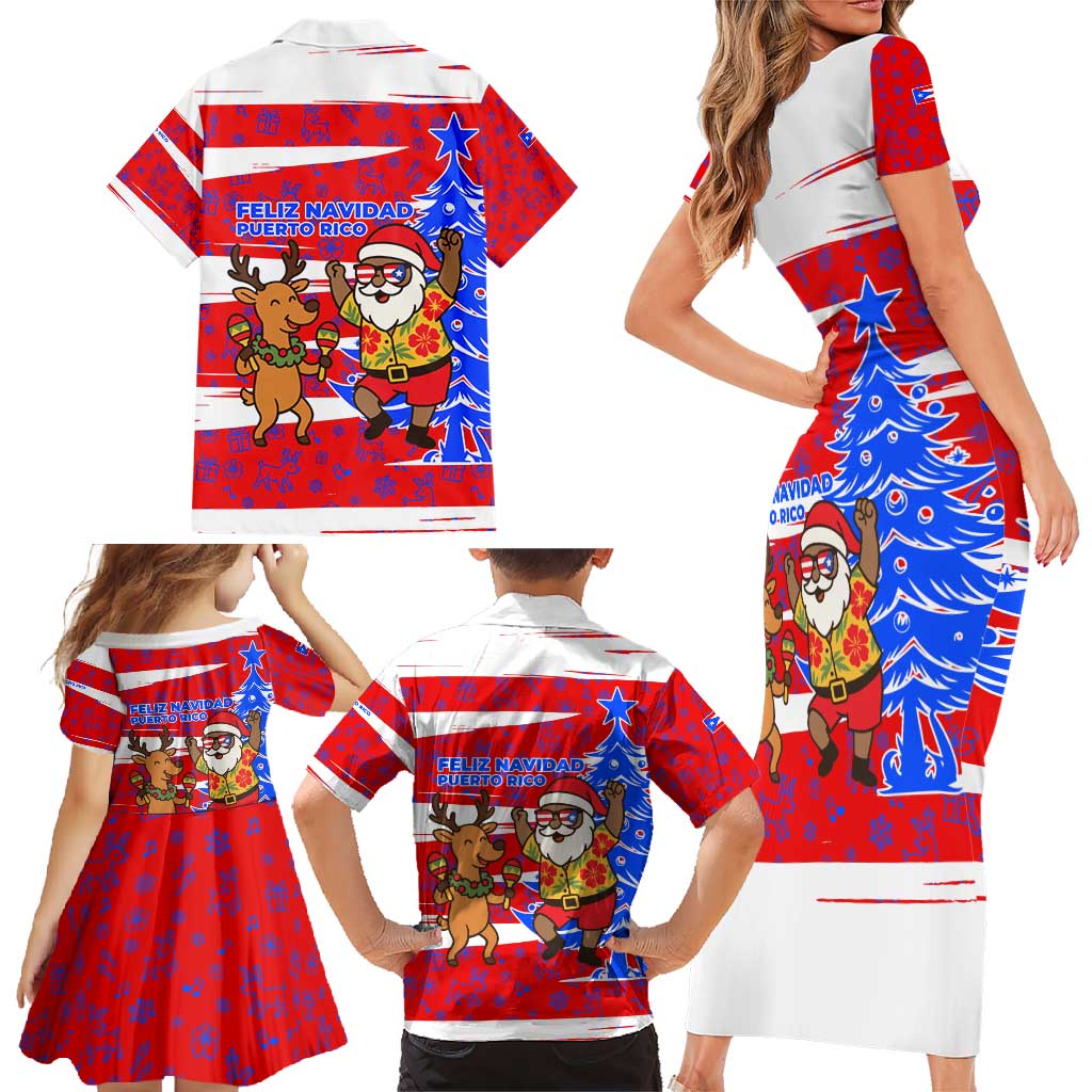Puerto Rico Christmas Family Matching Short Sleeve Bodycon Dress and Hawaiian Shirt with Dancing Santa Reindeer Blue Tree and Festive Flag Design - Wonder Print Shop