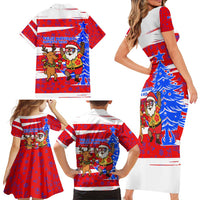 Puerto Rico Christmas Family Matching Short Sleeve Bodycon Dress and Hawaiian Shirt with Dancing Santa Reindeer Blue Tree and Festive Flag Design - Wonder Print Shop