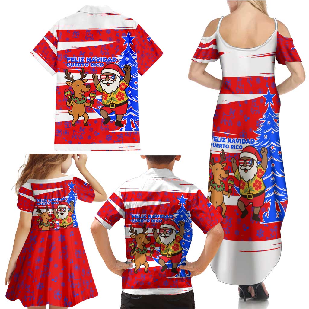 Puerto Rico Christmas Family Matching Summer Maxi Dress and Hawaiian Shirt with Dancing Santa Reindeer Blue Tree and Festive Flag Design - Wonder Print Shop