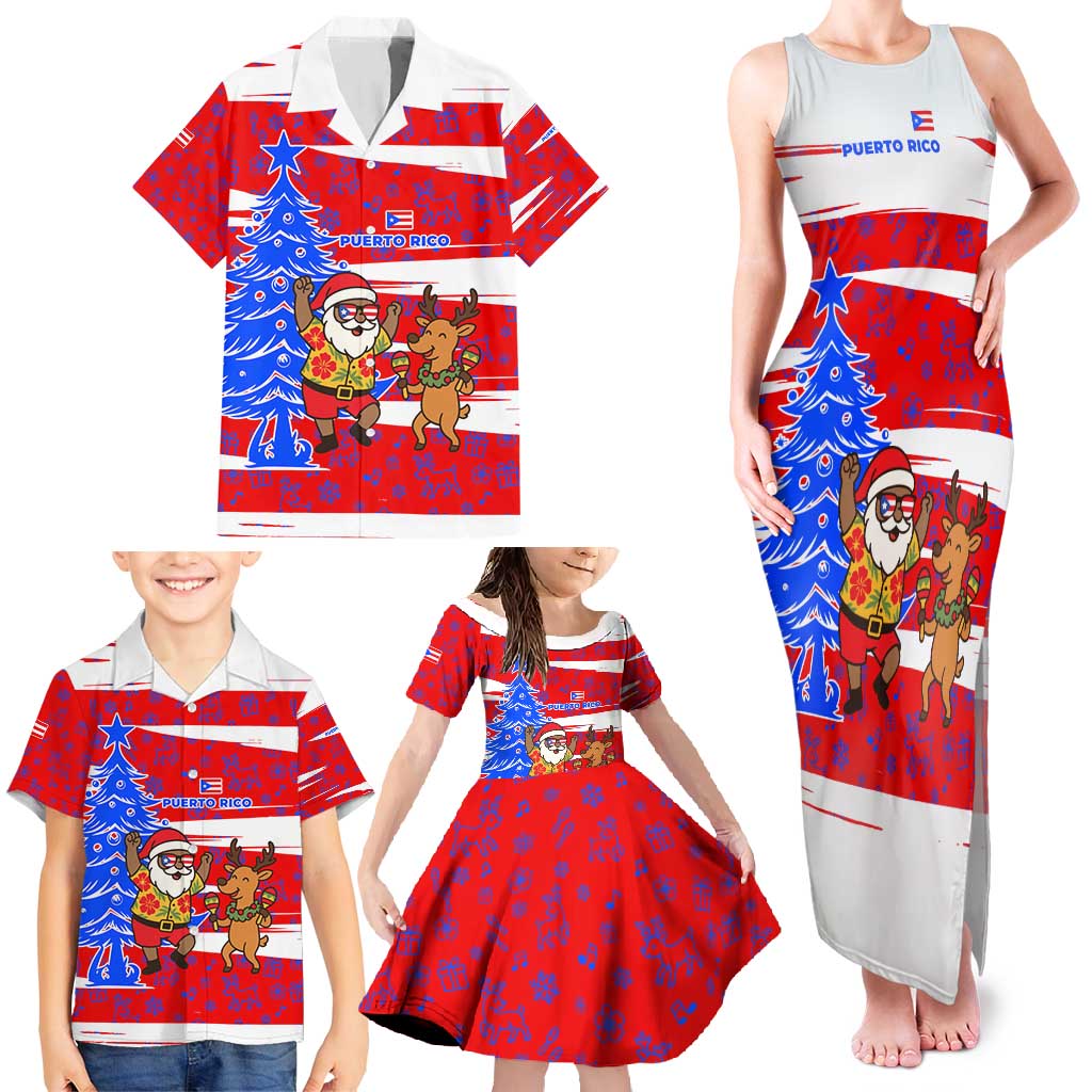 Puerto Rico Christmas Family Matching Tank Maxi Dress and Hawaiian Shirt with Dancing Santa Reindeer Blue Tree and Festive Flag Design - Wonder Print Shop