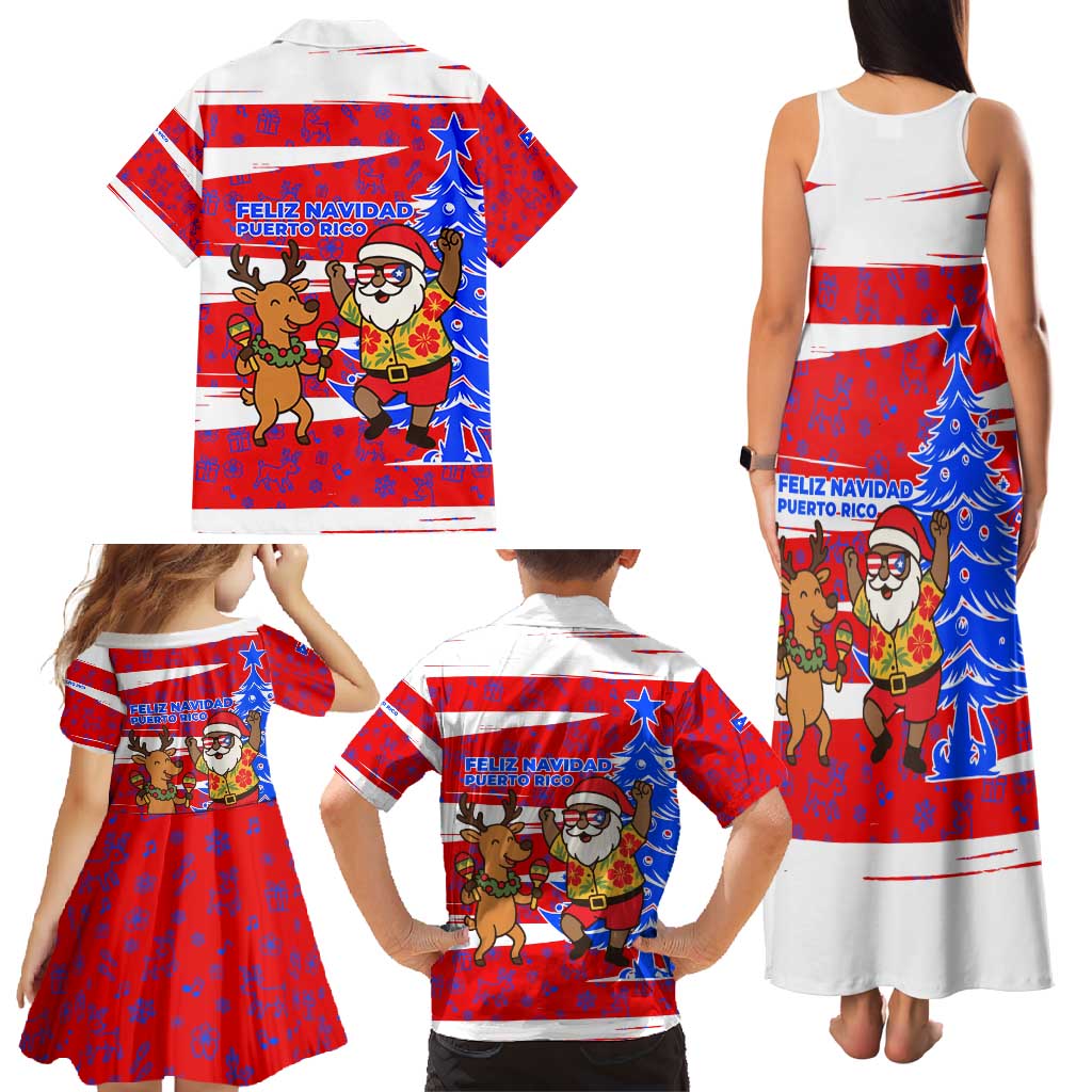 Puerto Rico Christmas Family Matching Tank Maxi Dress and Hawaiian Shirt with Dancing Santa Reindeer Blue Tree and Festive Flag Design - Wonder Print Shop