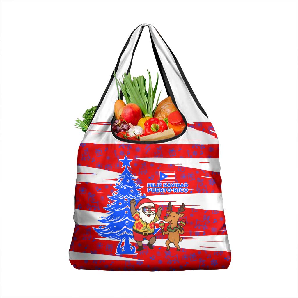 Puerto Rico Christmas Grocery Bag with Dancing Santa Reindeer Blue Tree and Festive Flag Design - Wonder Print Shop
