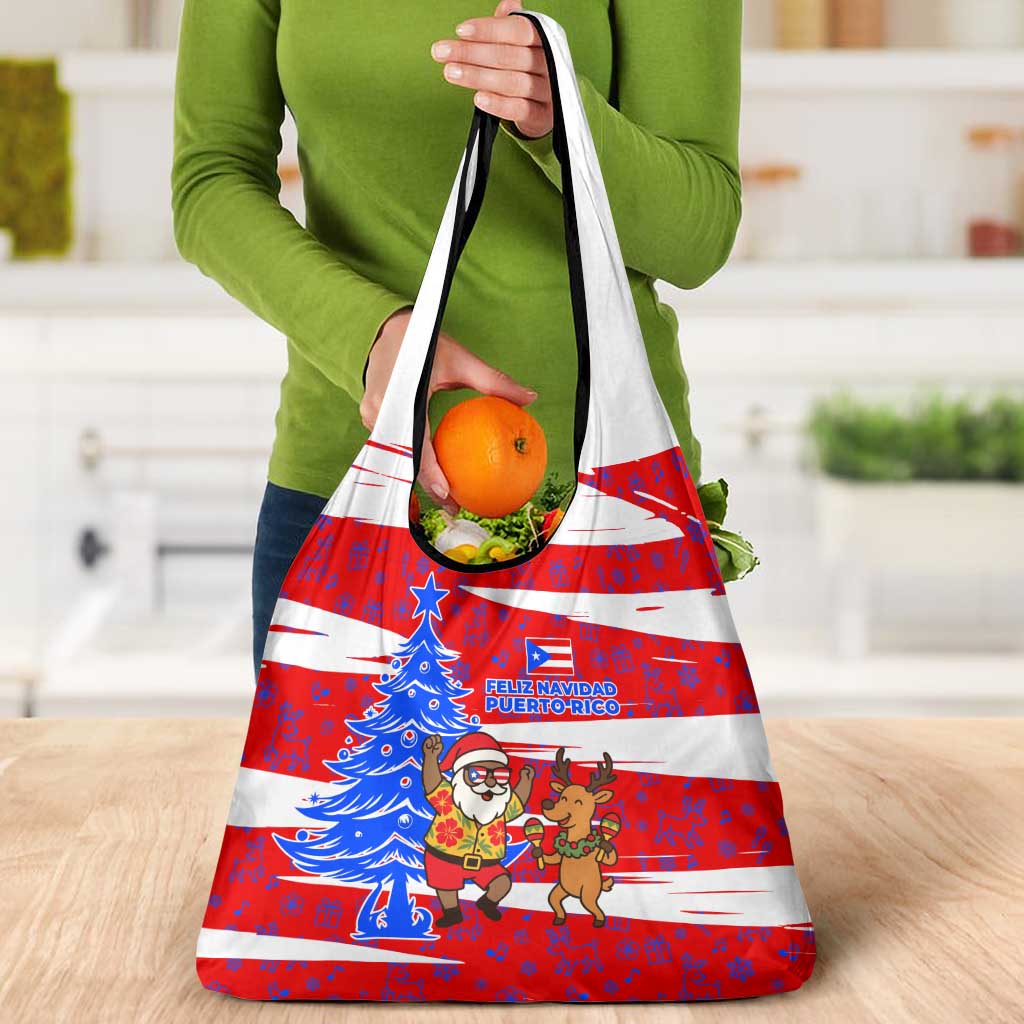 Puerto Rico Christmas Grocery Bag with Dancing Santa Reindeer Blue Tree and Festive Flag Design - Wonder Print Shop