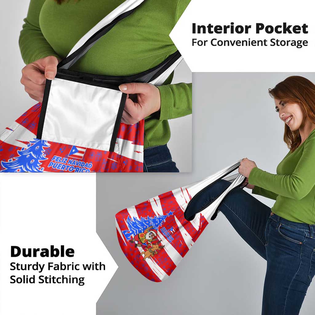 Puerto Rico Christmas Grocery Bag with Dancing Santa Reindeer Blue Tree and Festive Flag Design - Wonder Print Shop