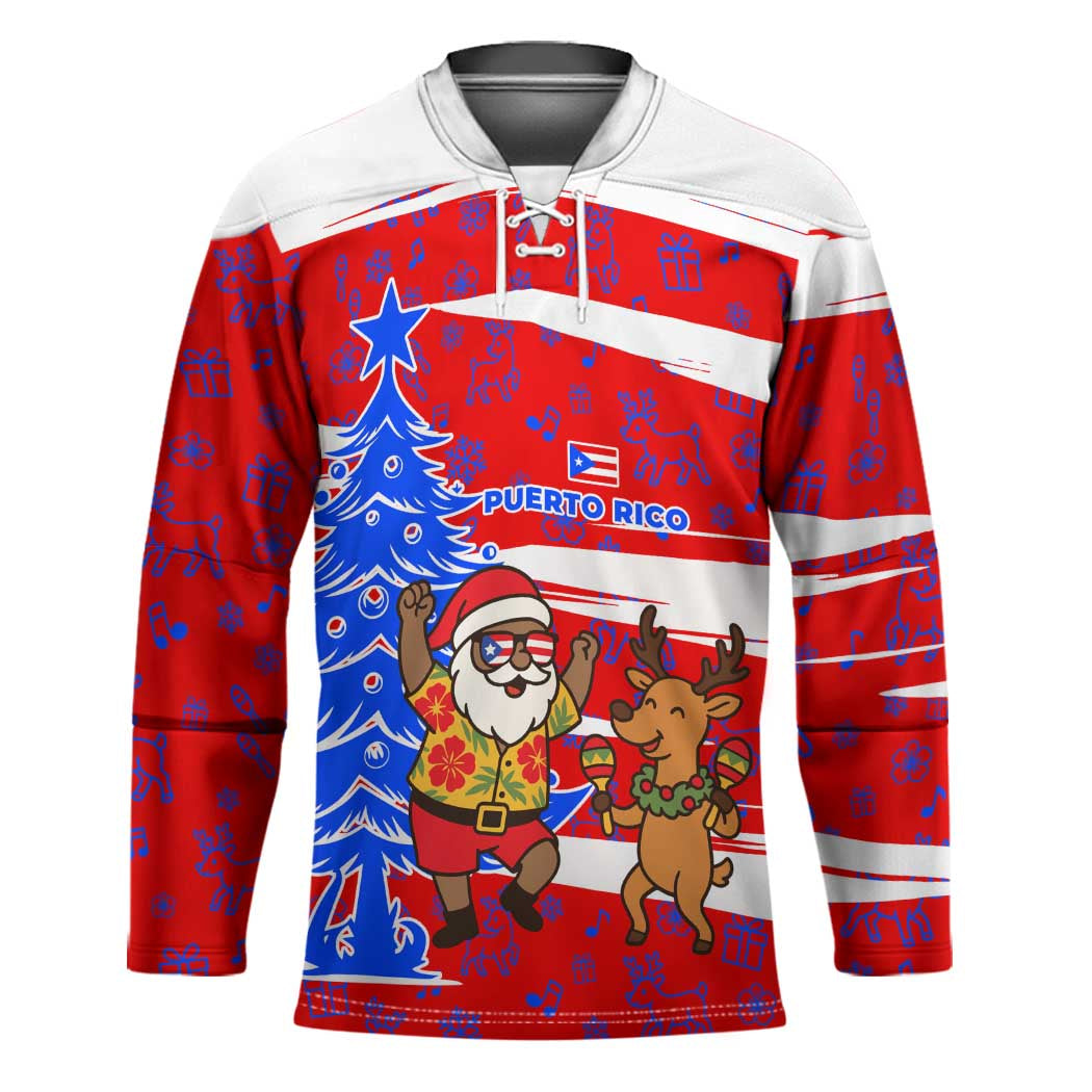 Puerto Rico Christmas Hockey Jersey with Dancing Santa Reindeer Blue Tree and Festive Flag Design - Wonder Print Shop
