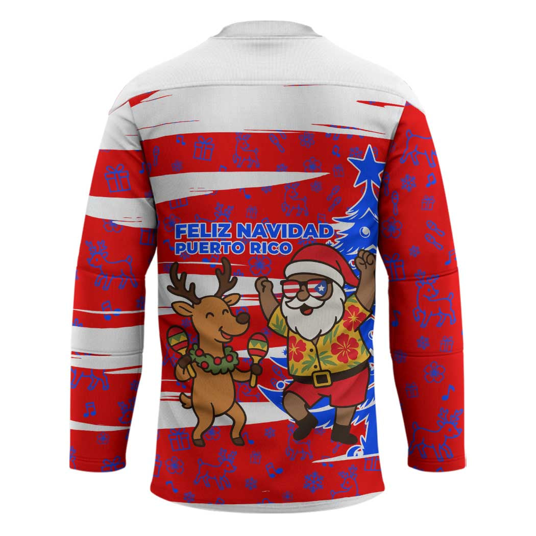 Puerto Rico Christmas Hockey Jersey with Dancing Santa Reindeer Blue Tree and Festive Flag Design - Wonder Print Shop