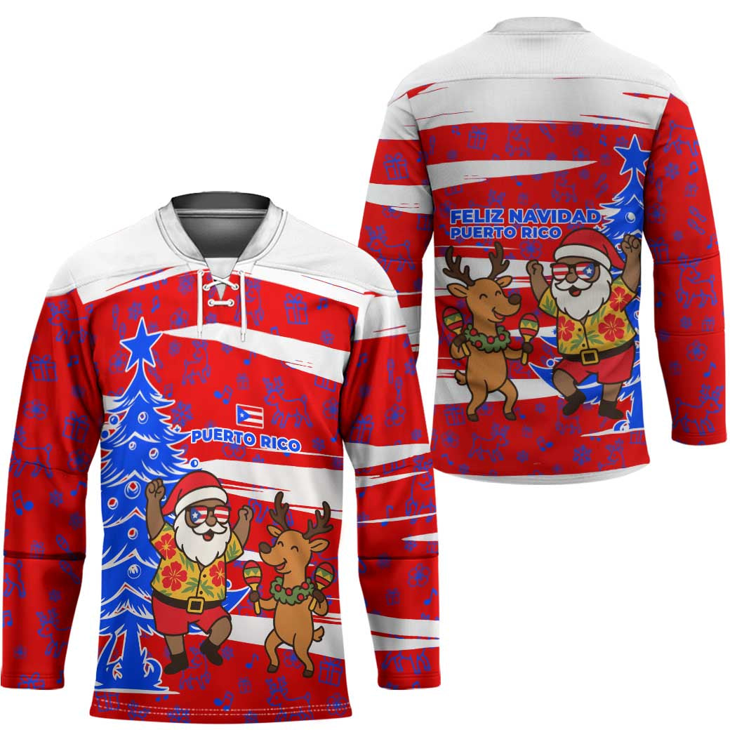 Puerto Rico Christmas Hockey Jersey with Dancing Santa Reindeer Blue Tree and Festive Flag Design - Wonder Print Shop