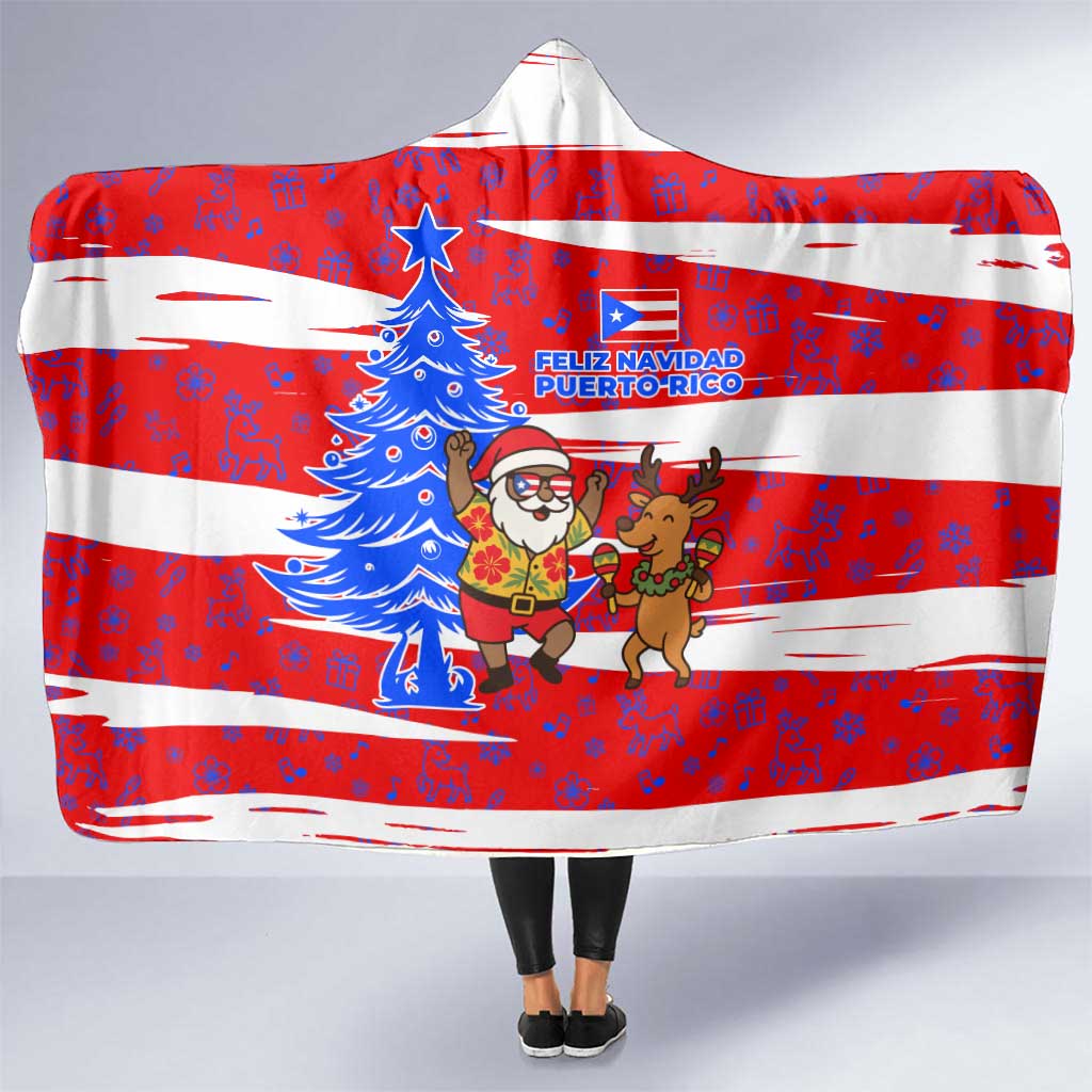 Puerto Rico Christmas Hooded Blanket with Dancing Santa Reindeer Blue Tree and Festive Flag Design - Wonder Print Shop