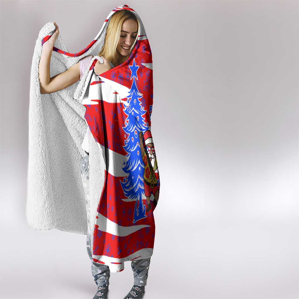 Puerto Rico Christmas Hooded Blanket with Dancing Santa Reindeer Blue Tree and Festive Flag Design - Wonder Print Shop
