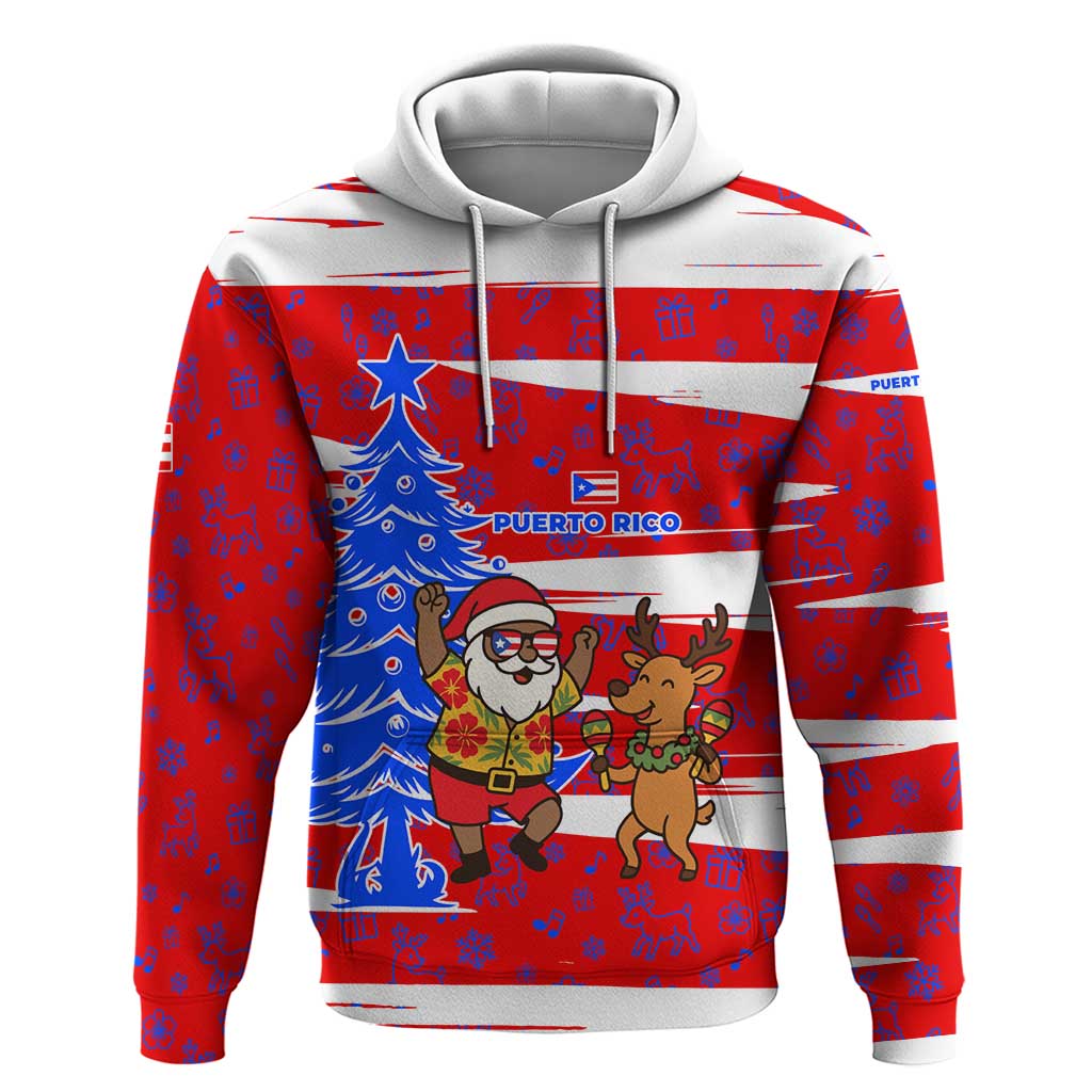 Puerto Rico Christmas Hoodie with Dancing Santa Reindeer Blue Tree and Festive Flag Design - Wonder Print Shop