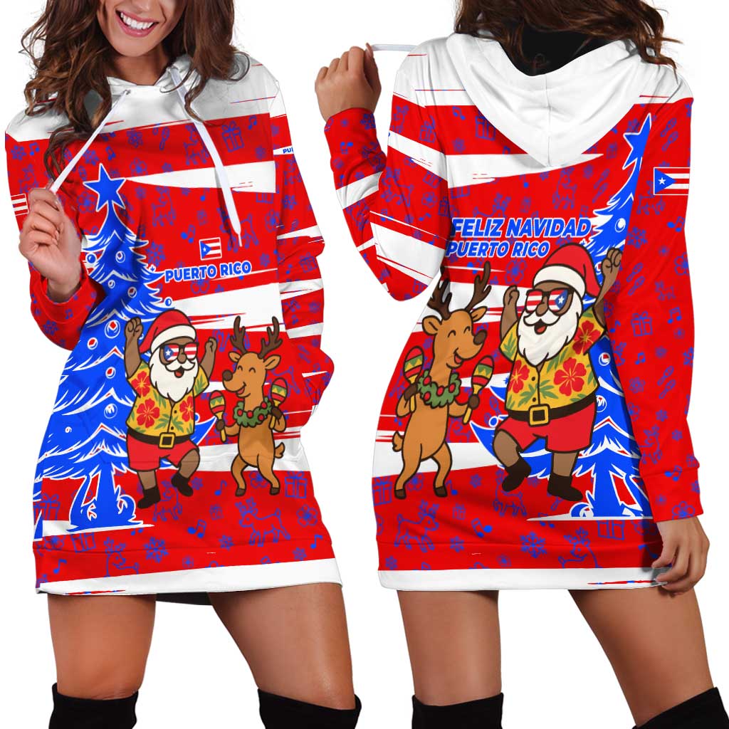 Puerto Rico Christmas Hoodie Dress with Dancing Santa Reindeer Blue Tree and Festive Flag Design - Wonder Print Shop