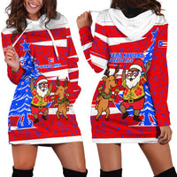 Puerto Rico Christmas Hoodie Dress with Dancing Santa Reindeer Blue Tree and Festive Flag Design - Wonder Print Shop
