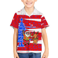 Puerto Rico Christmas Kid Hawaiian Shirt with Dancing Santa Reindeer Blue Tree and Festive Flag Design - Wonder Print Shop