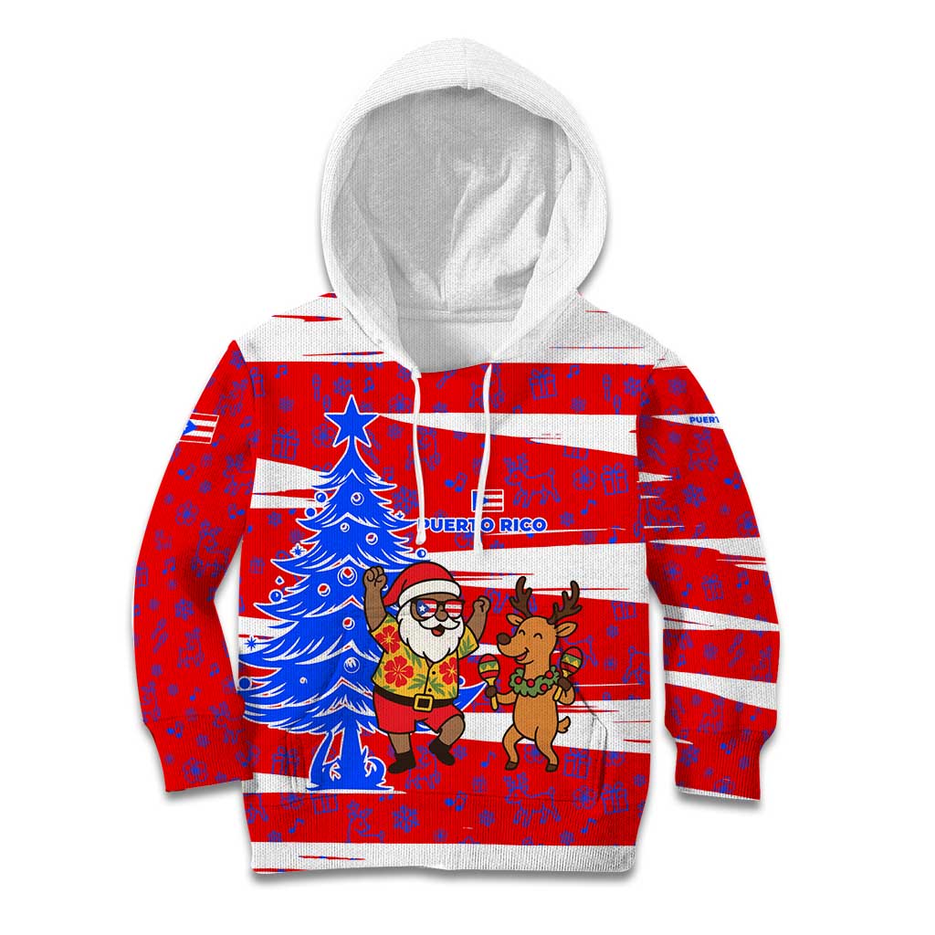 Puerto Rico Christmas Kid Hoodie with Dancing Santa Reindeer Blue Tree and Festive Flag Design - Wonder Print Shop
