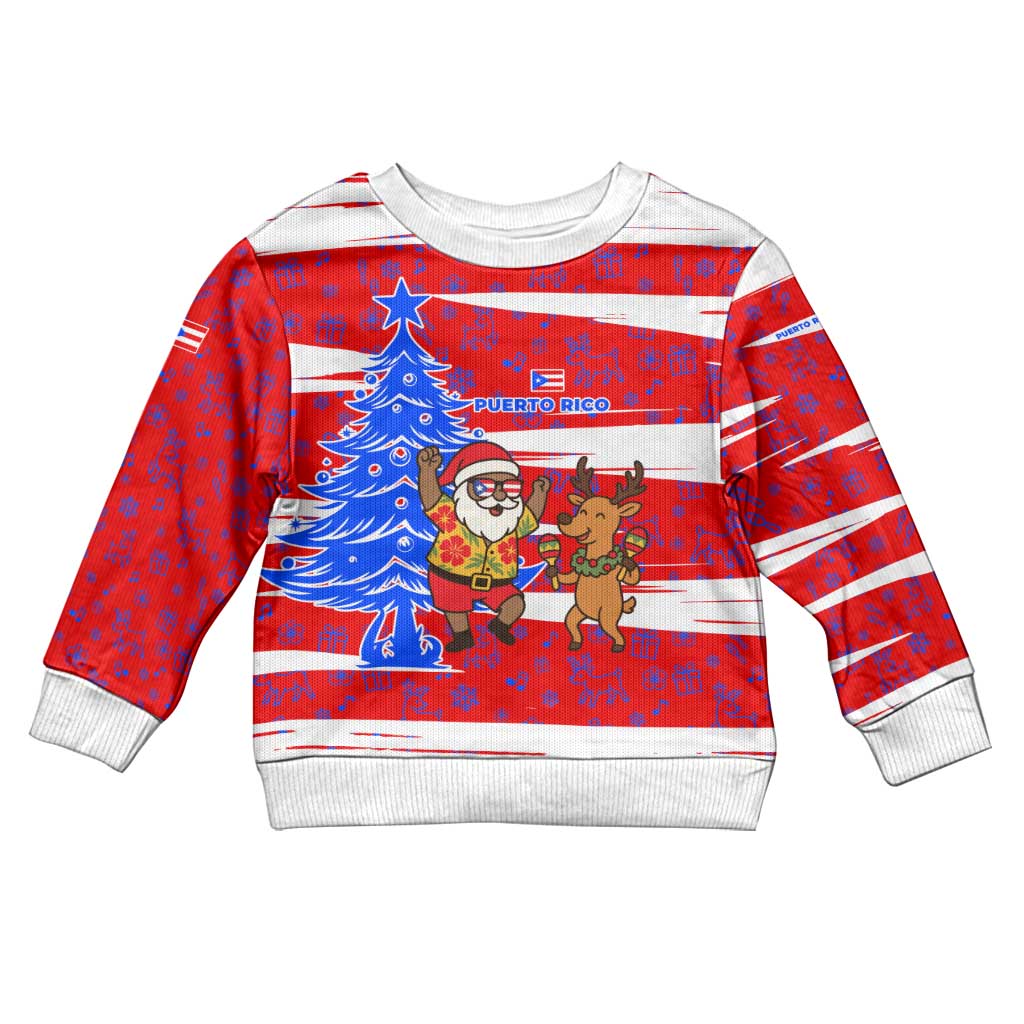 Puerto Rico Christmas Kid Ugly Christmas Sweater with Dancing Santa Reindeer Blue Tree and Festive Flag Design - Wonder Print Shop