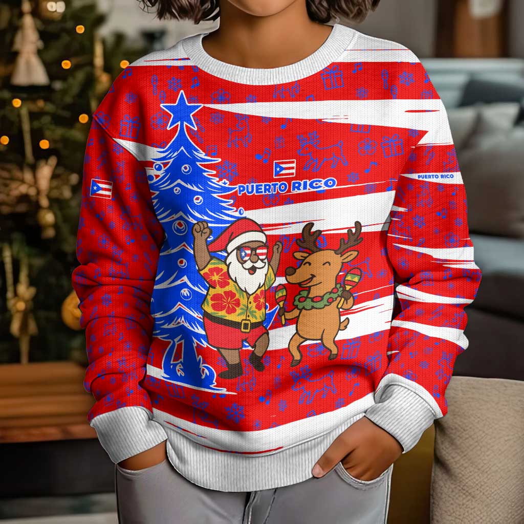 Puerto Rico Christmas Kid Ugly Christmas Sweater with Dancing Santa Reindeer Blue Tree and Festive Flag Design - Wonder Print Shop