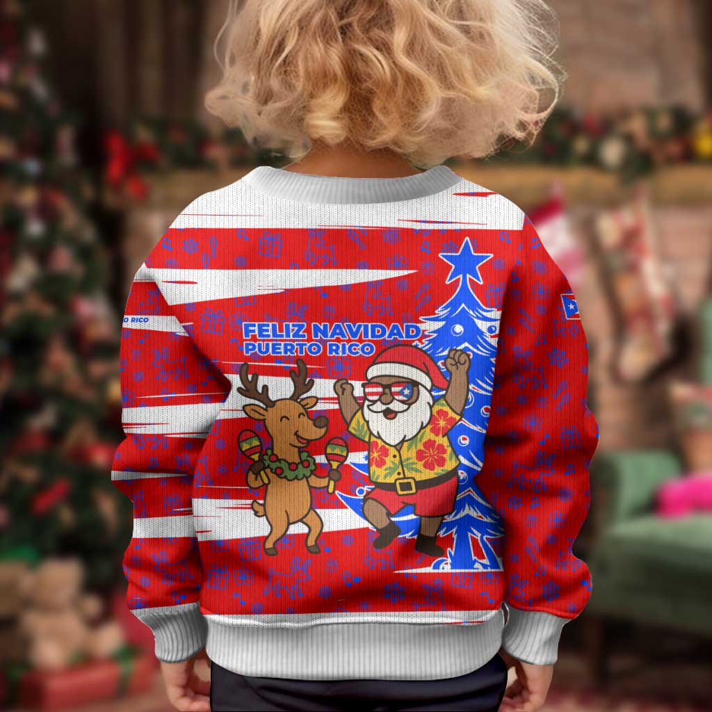 Puerto Rico Christmas Kid Ugly Christmas Sweater with Dancing Santa Reindeer Blue Tree and Festive Flag Design - Wonder Print Shop