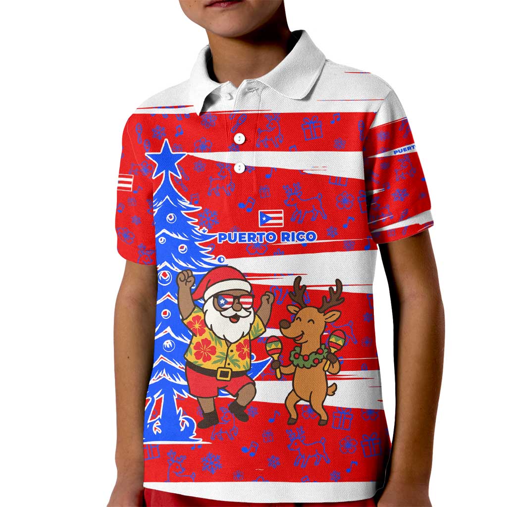 Puerto Rico Christmas Kid Polo Shirt with Dancing Santa Reindeer Blue Tree and Festive Flag Design - Wonder Print Shop
