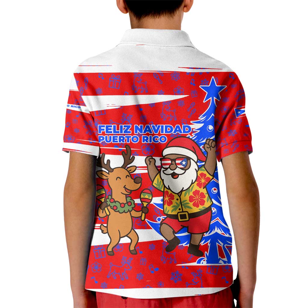 Puerto Rico Christmas Kid Polo Shirt with Dancing Santa Reindeer Blue Tree and Festive Flag Design - Wonder Print Shop