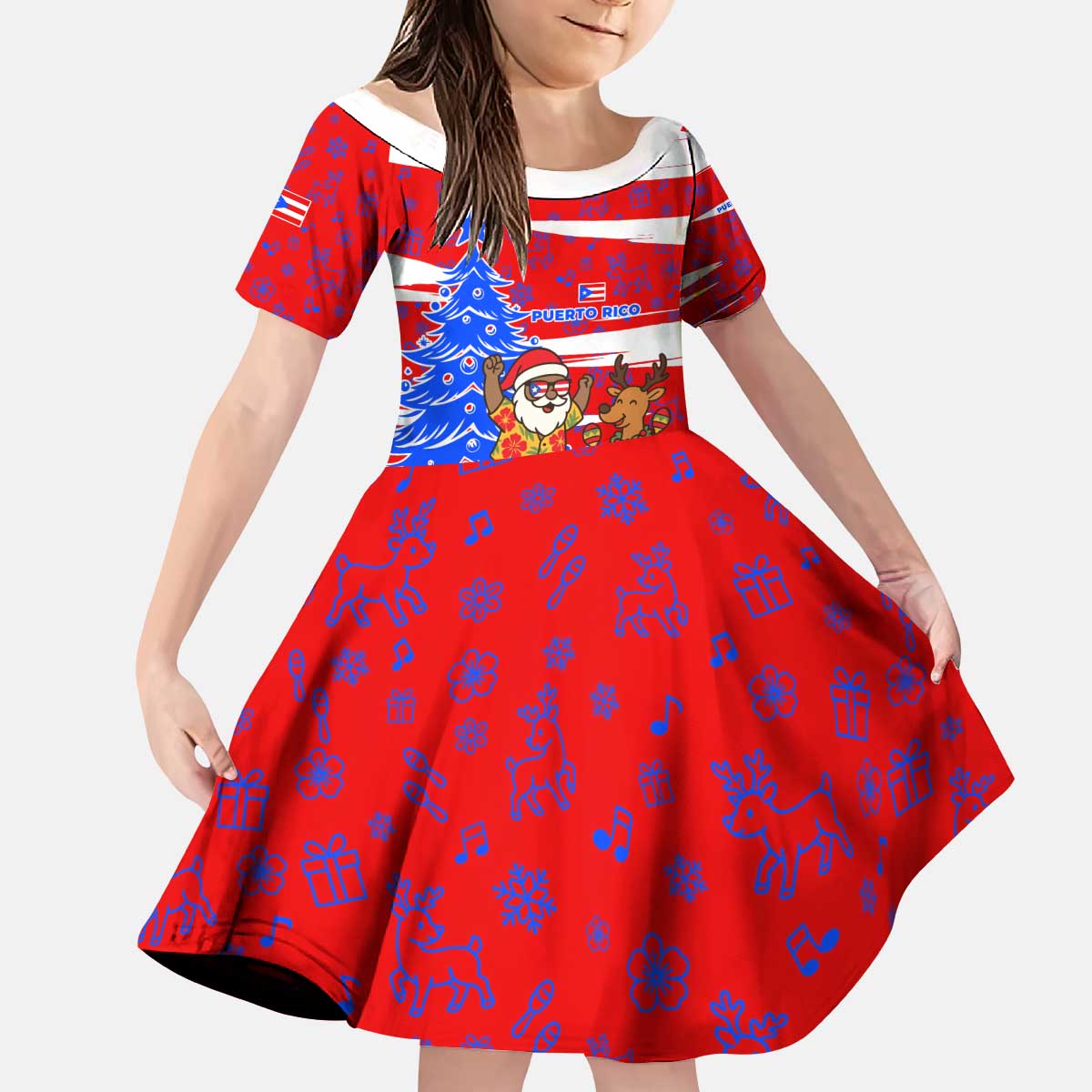 Puerto Rico Christmas Kid Short Sleeve Dress with Dancing Santa Reindeer Blue Tree and Festive Flag Design - Wonder Print Shop