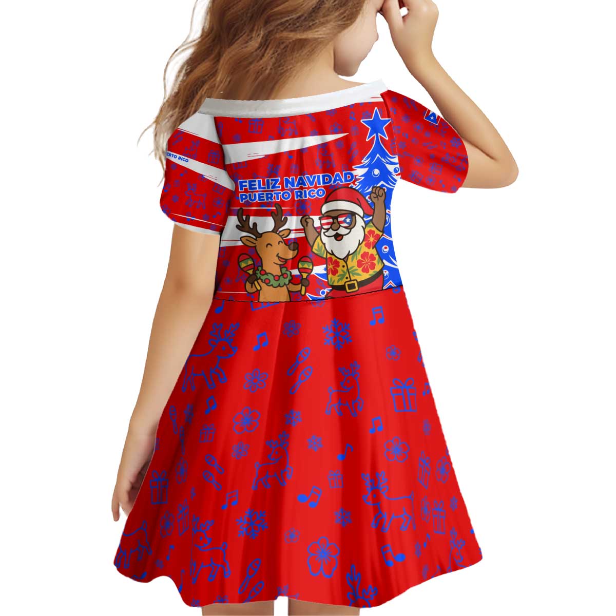 Puerto Rico Christmas Kid Short Sleeve Dress with Dancing Santa Reindeer Blue Tree and Festive Flag Design - Wonder Print Shop