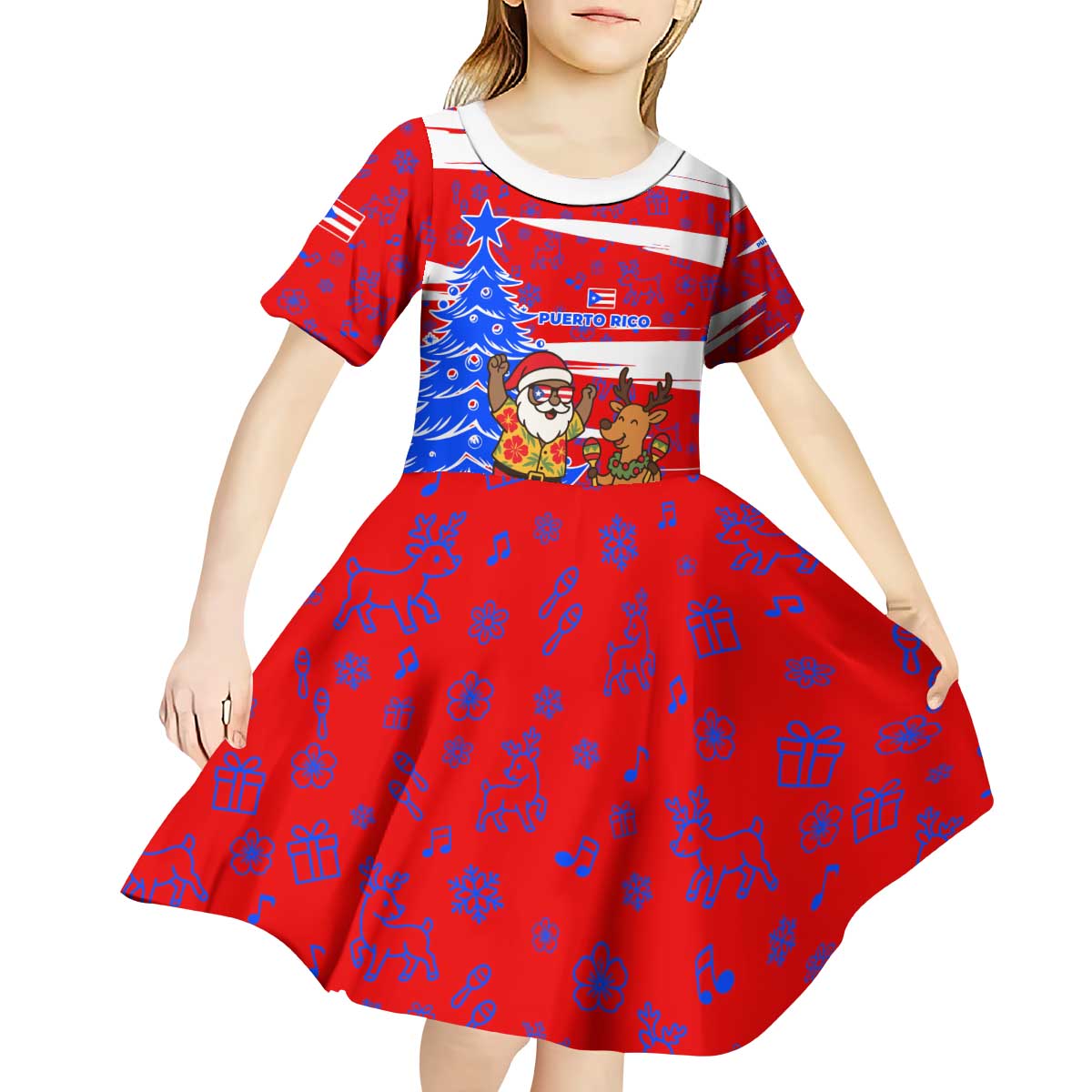 Puerto Rico Christmas Kid Short Sleeve Dress with Dancing Santa Reindeer Blue Tree and Festive Flag Design - Wonder Print Shop