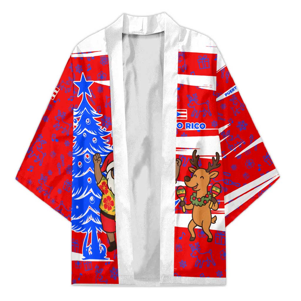 Puerto Rico Christmas Kimono with Dancing Santa Reindeer Blue Tree and Festive Flag Design - Wonder Print Shop