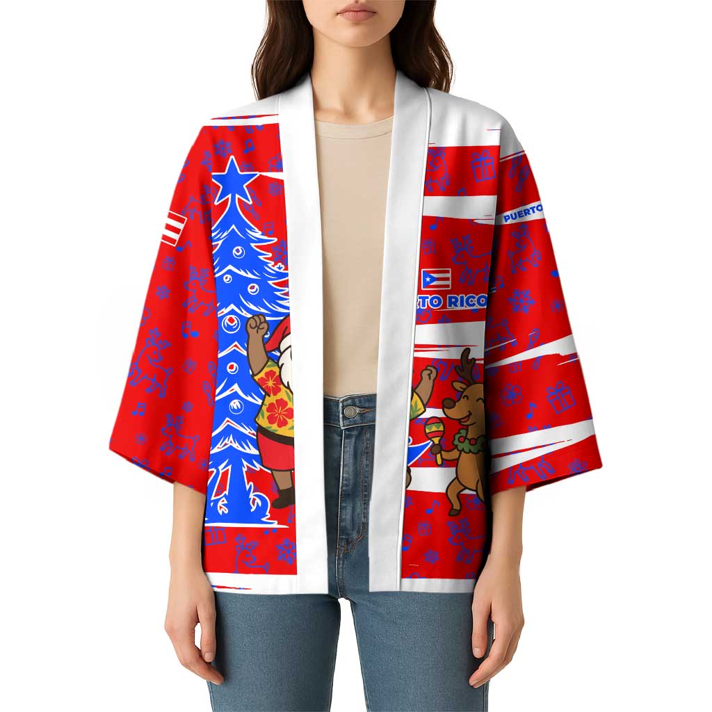Puerto Rico Christmas Kimono with Dancing Santa Reindeer Blue Tree and Festive Flag Design - Wonder Print Shop