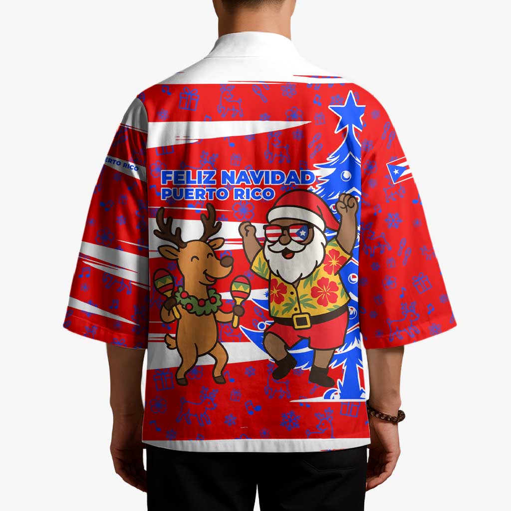 Puerto Rico Christmas Kimono with Dancing Santa Reindeer Blue Tree and Festive Flag Design - Wonder Print Shop