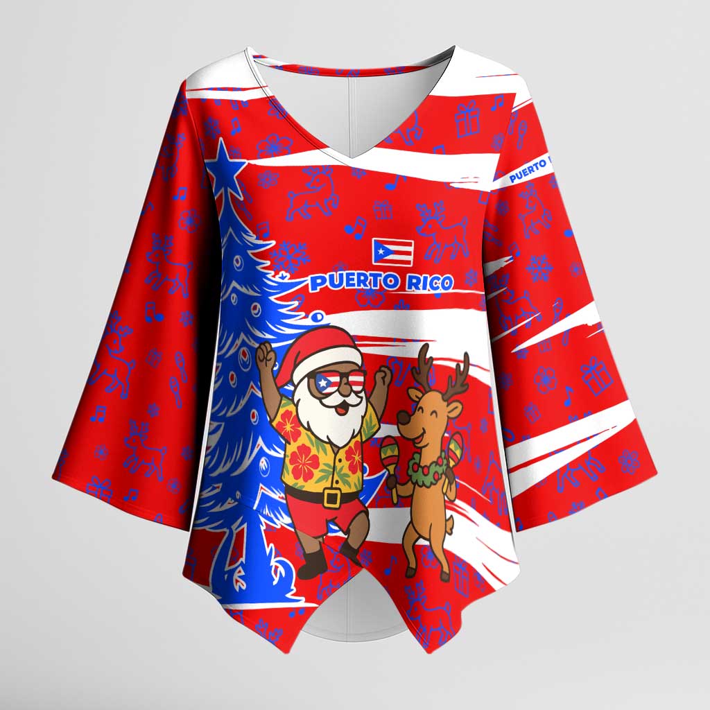 Puerto Rico Christmas Kimono Sleeve Blouse with Dancing Santa Reindeer Blue Tree and Festive Flag Design - Wonder Print Shop