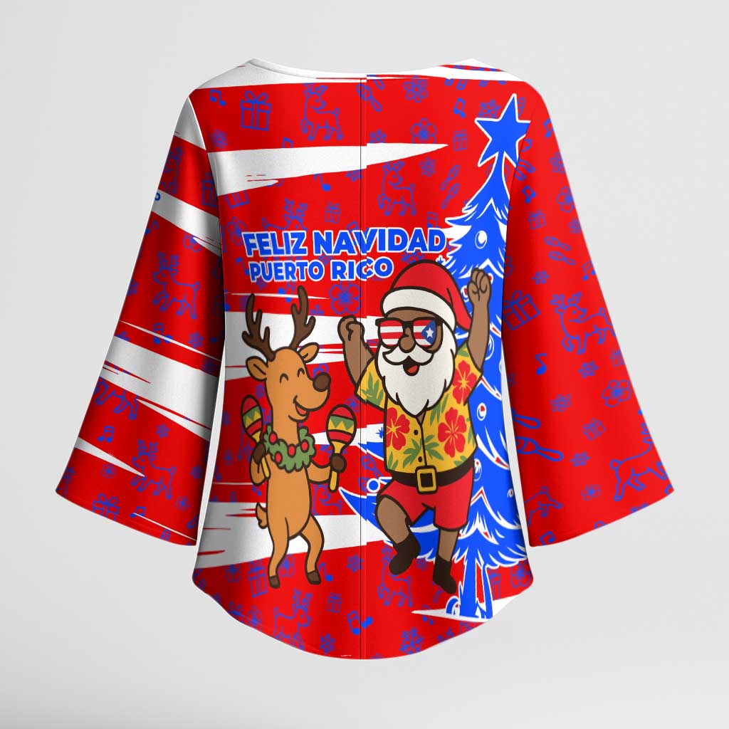 Puerto Rico Christmas Kimono Sleeve Blouse with Dancing Santa Reindeer Blue Tree and Festive Flag Design - Wonder Print Shop