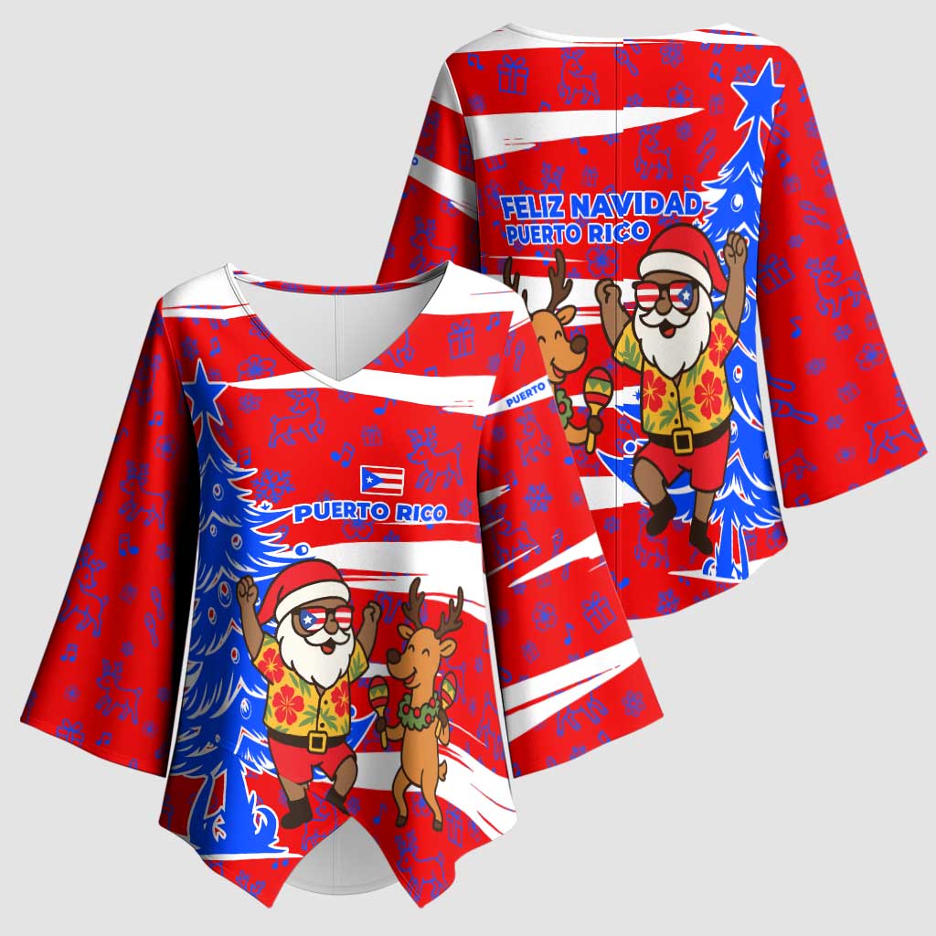 Puerto Rico Christmas Kimono Sleeve Blouse with Dancing Santa Reindeer Blue Tree and Festive Flag Design - Wonder Print Shop