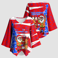 Puerto Rico Christmas Kimono Sleeve Blouse with Dancing Santa Reindeer Blue Tree and Festive Flag Design - Wonder Print Shop