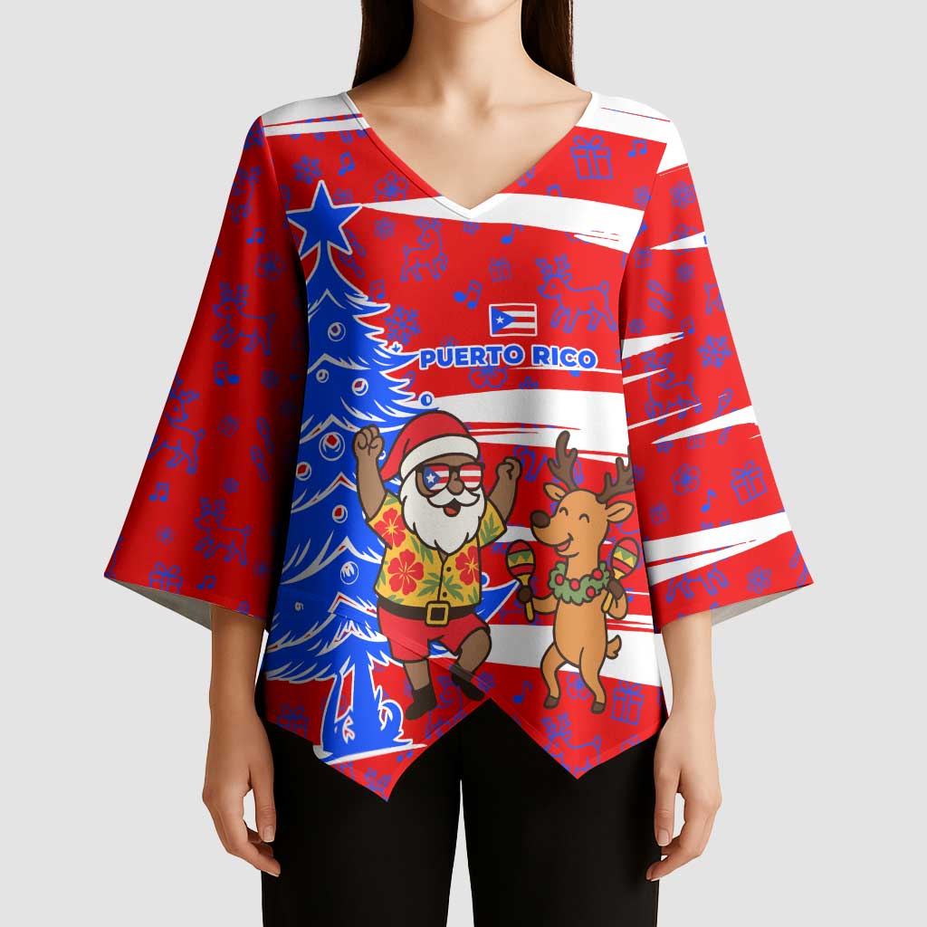 Puerto Rico Christmas Kimono Sleeve Blouse with Dancing Santa Reindeer Blue Tree and Festive Flag Design - Wonder Print Shop