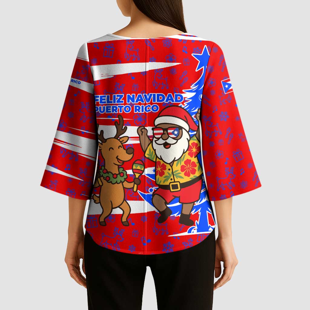 Puerto Rico Christmas Kimono Sleeve Blouse with Dancing Santa Reindeer Blue Tree and Festive Flag Design - Wonder Print Shop