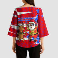 Puerto Rico Christmas Kimono Sleeve Blouse with Dancing Santa Reindeer Blue Tree and Festive Flag Design - Wonder Print Shop