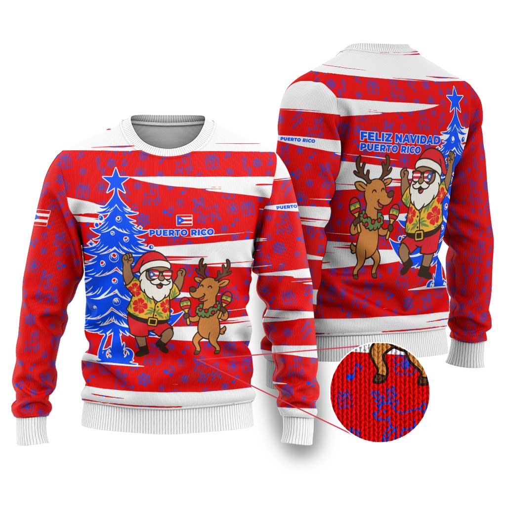 Puerto Rico Christmas Ugly Christmas Sweater with Dancing Santa Reindeer Blue Tree and Festive Flag Design - Wonder Print Shop