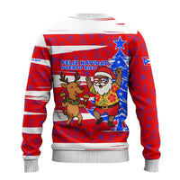 Puerto Rico Christmas Ugly Christmas Sweater with Dancing Santa Reindeer Blue Tree and Festive Flag Design - Wonder Print Shop