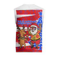 Puerto Rico Christmas Knitted V-Neck Vest with Dancing Santa Reindeer Blue Tree and Festive Flag Design - Wonder Print Shop