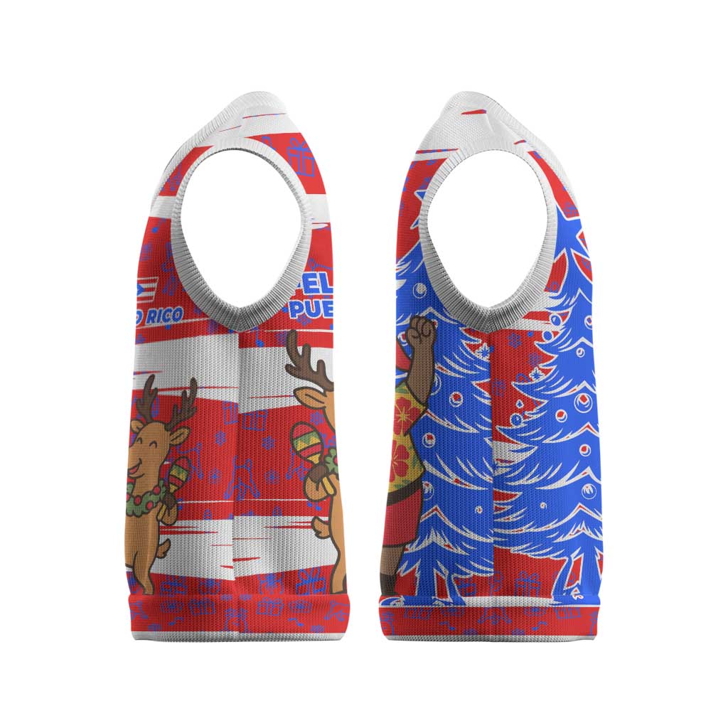 Puerto Rico Christmas Knitted V-Neck Vest with Dancing Santa Reindeer Blue Tree and Festive Flag Design - Wonder Print Shop