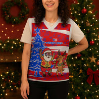 Puerto Rico Christmas Knitted V-Neck Vest with Dancing Santa Reindeer Blue Tree and Festive Flag Design - Wonder Print Shop
