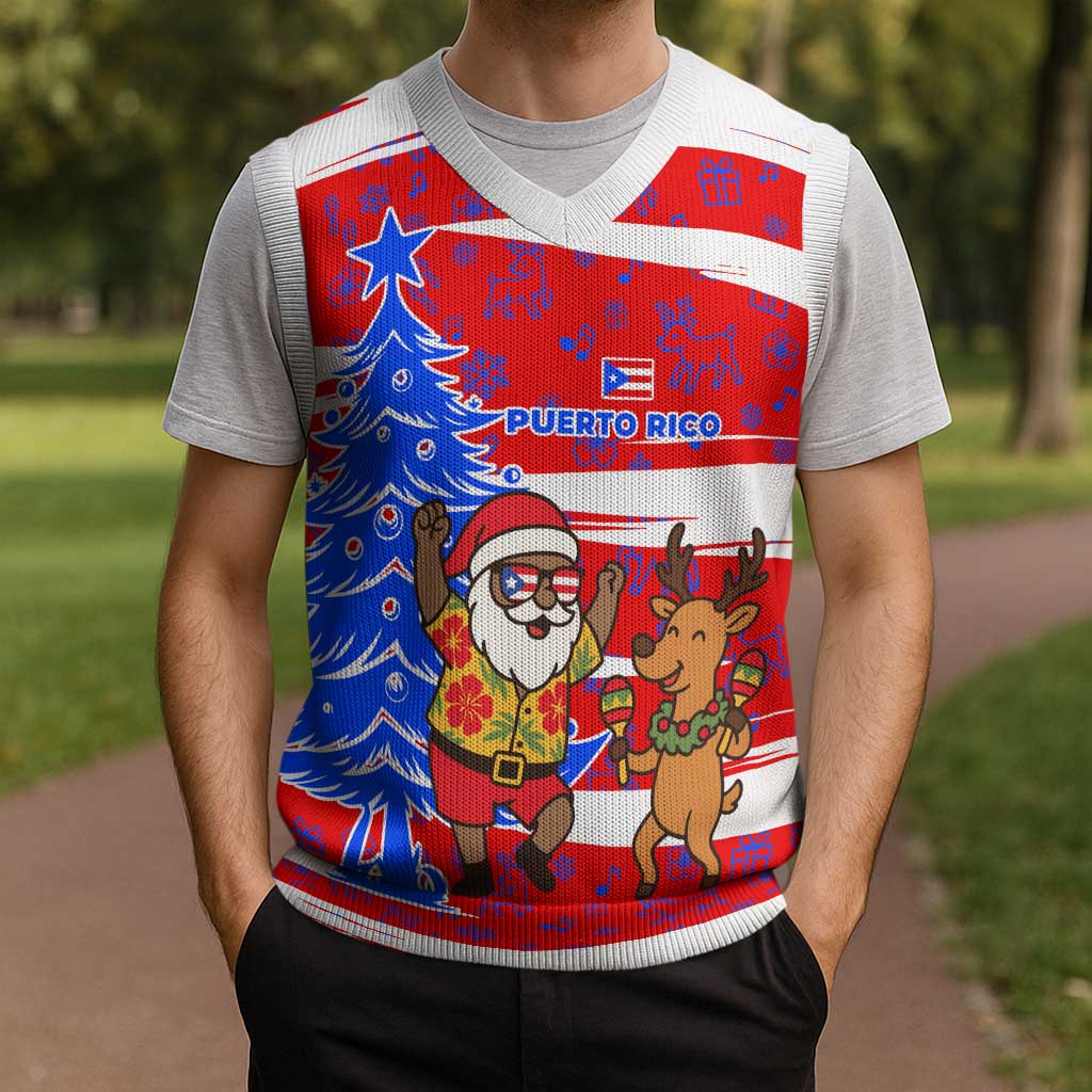 Puerto Rico Christmas Knitted V-Neck Vest with Dancing Santa Reindeer Blue Tree and Festive Flag Design - Wonder Print Shop