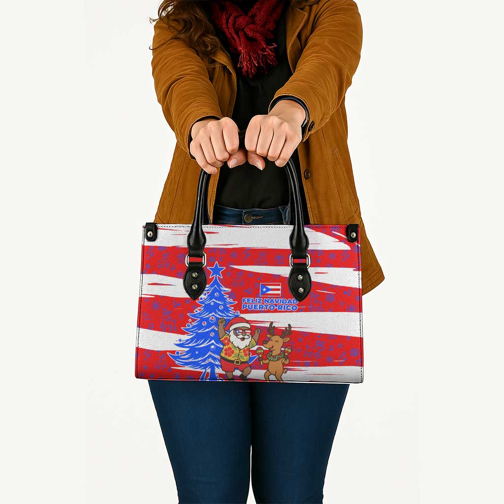 Puerto Rico Christmas Leather Bag with Dancing Santa Reindeer Blue Tree and Festive Flag Design - Wonder Print Shop